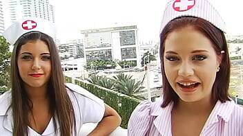 BRANDI BELLE - Cute Teens In Nurse Costumes Sharing One Cock #TBT on girlsporntube.one