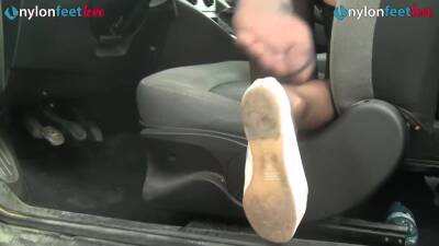 Redhead shows off panties and stockings in car and drives on girlsporntube.one