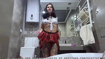 Schoolgirl plays with herself with a vibrator in the bathroom on girlsporntube.one