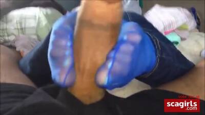 Footjob in blue nylon socks on girlsporntube.one