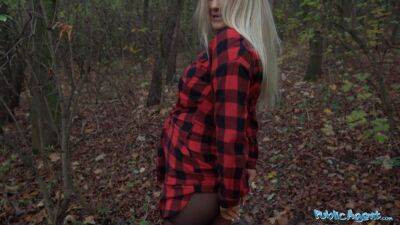 Beautiful Busty Blonde takes her clothes off in the woods before fucking on girlsporntube.one