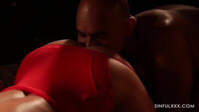 MILF in red lingerie against two muscular machos on girlsporntube.one