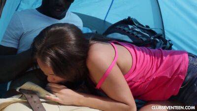 Petite teen cutie riding a BBC outdoors on girlsporntube.one