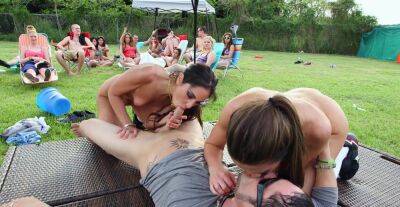 Steamy outdoor dick sharing orgy during hot backyard party on girlsporntube.one