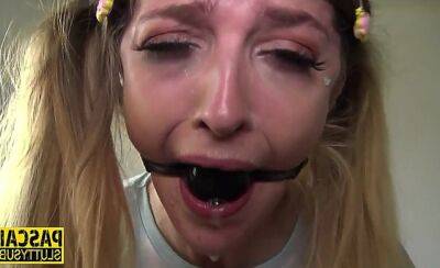 Gagged and bound teen gets throat and pussy fucked roughly on girlsporntube.one