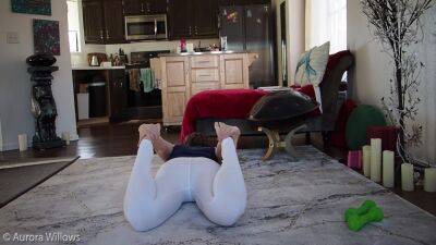 Aurora Willows, Behind The Scenes Yoga Workout In White Yoga Pants And Bare Feet, No Panties on girlsporntube.one