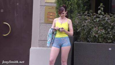 Jeny Smith walks in public with transparent shorts. Real flashing moments on girlsporntube.one