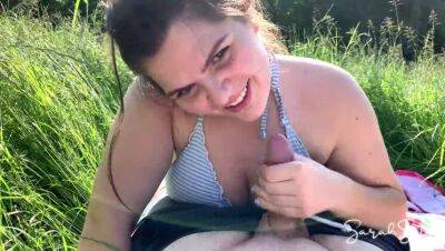 Outdoor Blowjob in the meadow while people walk by in public - cum in her mouth - Sarah Sota on girlsporntube.one