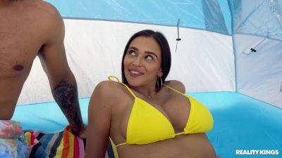 Dark-haired beauty in a yellow bikini takes good care of BBC on girlsporntube.one