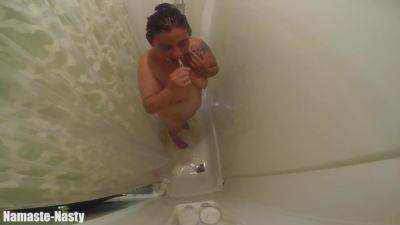 Whore Takes A Shower Spreads Legs Gags And Cleans And Shows Her Shaved Fuck Holes on girlsporntube.one