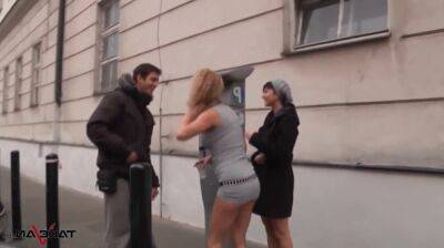 Anita and Emilia pick up slim man on the streets to take him into their bang van on girlsporntube.one