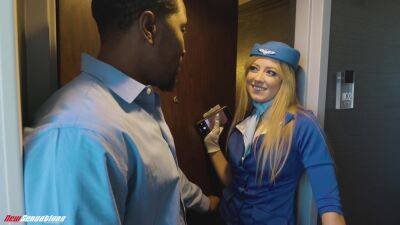 Blonde stewardess enjoys black man's dick during her break between flights on girlsporntube.one