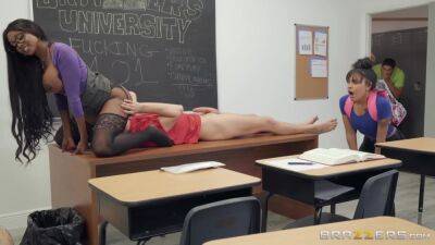 Bosomed black teacher with glasses gets eaten out and screwed in the classroom on girlsporntube.one