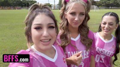 Soccer Girls Freya von Doom, Macy Meadows & Violet Gems Take Turns Riding Their Trainers Dick - POV foursome on girlsporntube.one