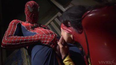 Spider man rams gorgeous brunette super hero and floods her tits on girlsporntube.one