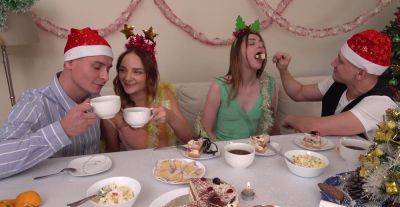 Sweet babes swap partners on Christmas eve in loud foursome on girlsporntube.one