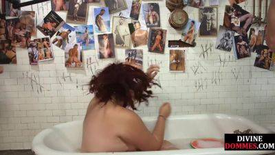 BBW food fetish domina ride sub hard cock in bathroom on girlsporntube.one