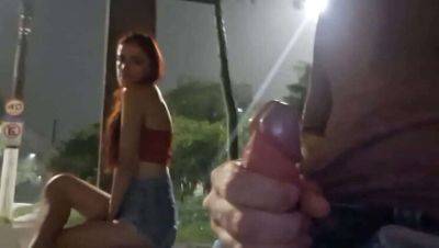 Risky Hand Job on the Street for Redhead at Bus Stop on girlsporntube.one