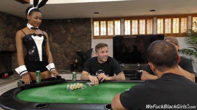 Ebony waitress pleases guys at the poker table with limitless sex on girlsporntube.one